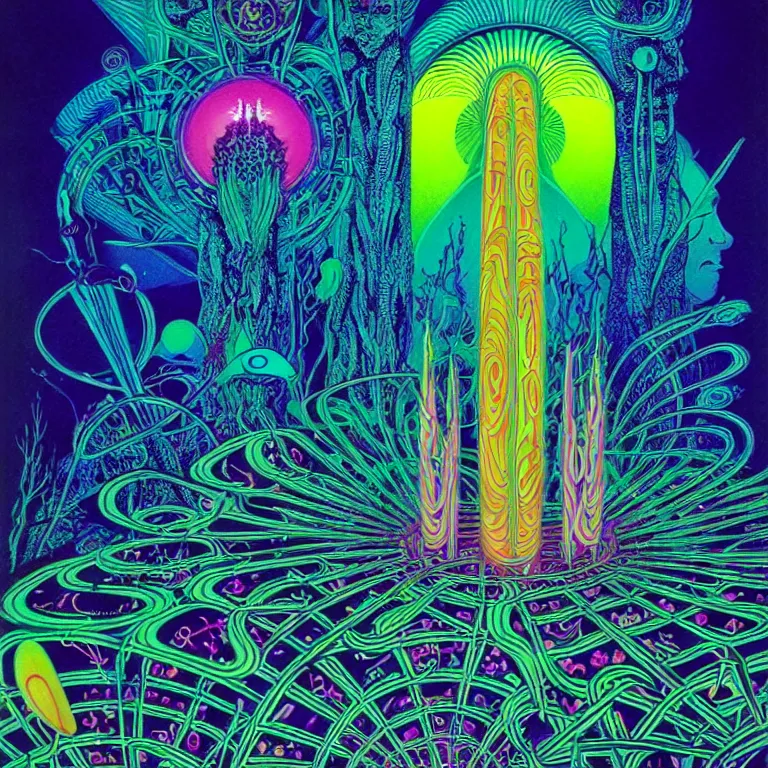 Prompt: magical psychedelic radiating obelisks psychic waves eyeballs, bright neon colors, highly detailed, cinematic, hiroo isono, eyvind earle, philippe druillet, roger dean, lisa frank, aubrey beardsley, ernst haeckel