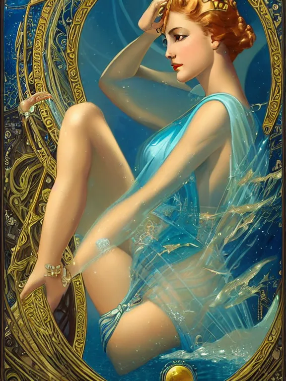 Image similar to princess kida the high queen of ancient atlantis, a beautiful art nouveau portrait by Gil elvgren, beautiful underwater city environment, centered composition, defined features, golden ratio, silver jewelry, stars in her gazing eyes