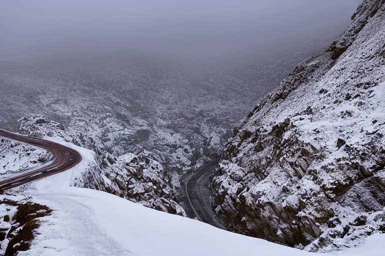 Image similar to a dangerous winding road route on an icy snowy cliff edge, blizzard, photo