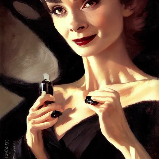 Image similar to detailed realistic cinematic wide shot of beautiful attractive audrey hepburn vampire woman wearing black bath robe slim face symettrical face clean skin black eyes black robe smooth, sharp focus, ultra realistic, spring light, painting by gaston bussiere, craig mullins, j. c. leyendecker