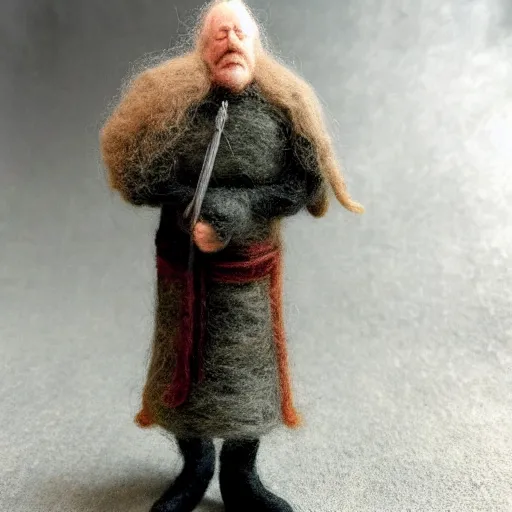 Prompt: needle felted king theoden from the return of the king (2003), highly detailed, tilt shift, eerie!, hyperrealism, highly textured, god rays