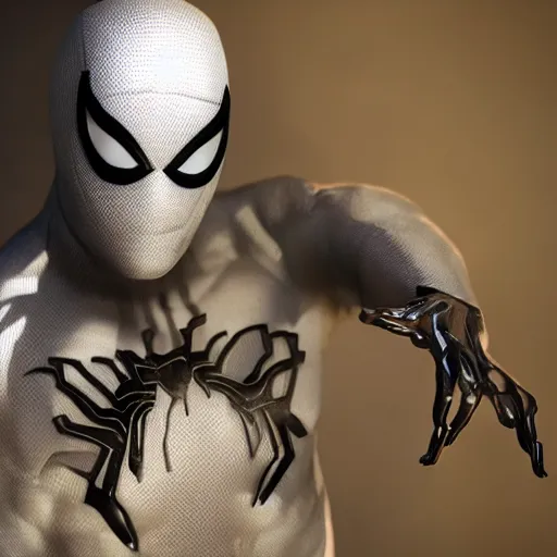 Image similar to black spider - man suit with white web lining, cinematic, volumetric lighting, realistic, hyperdetailed, photorealistic, photograph