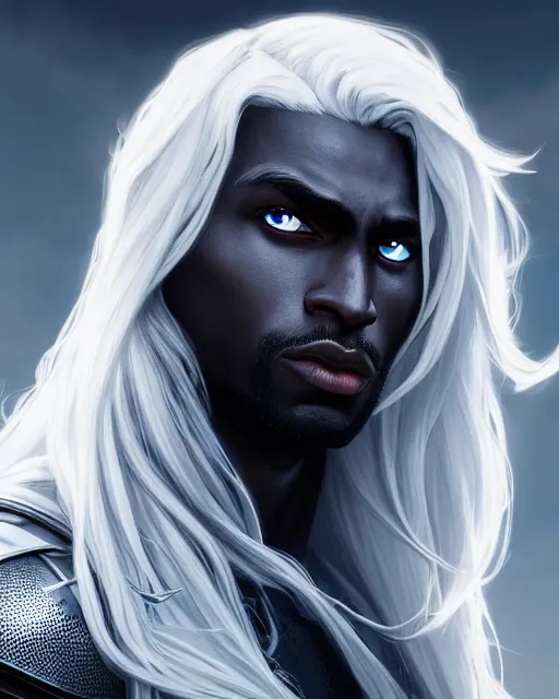 Prompt: portrait, beautiful male drow, long wavy white hair, super detailed, light black armor with silver accenting, cape, 8 k, filmic, octane render, sunlight, clouds, artstation, greg rutkowski, rossdraws, william bouguereau, sharp focus