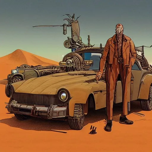 Image similar to a man standing next to a car, in desert dieselpunk style ; steampunk, jean giraud, moebius, francois schuiten, illustration, drawing, painting, face, green, yellow, red, muted, clean lines, centered face, symmetric, digital art, detailed, artstation, deviantart, hd, 8 k, 4 k