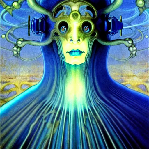 Prompt: realistic extremely detailed portrait painting of a ghost silhouette, futuristic sci-fi landscape on background by Jean Delville, Amano, Yves Tanguy, Alphonse Mucha, Ernst Haeckel, Edward Robert Hughes, Roger Dean, rich moody colours, blue eyes