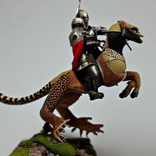 Image similar to A medieval knight riding on a giant leopard gecko towards the camera, 4k, painted wargaming miniature