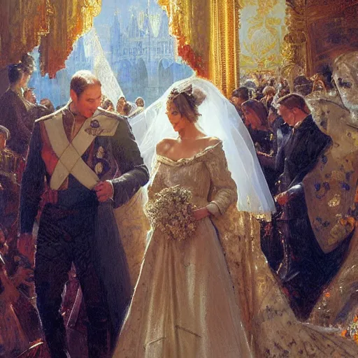 Image similar to the painting of prince william and bella hadid's royal wedding, art by gaston bussiere, craig mullins, j. c. leyendecker, realistic human faces, smiling faces, royal wedding, england