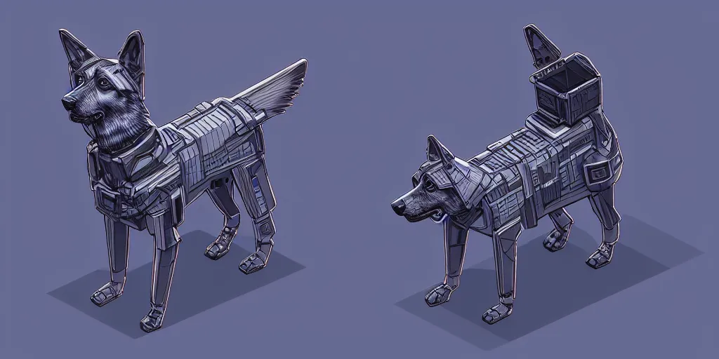 Prompt: Isometric render of a cyberpunk german Shepard made of robot parks, sleek design