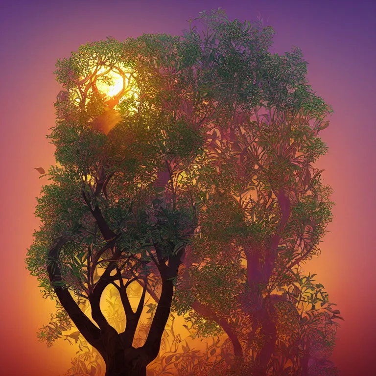 Image similar to The Bodhi Tree at Sunset, beautiful art with volumetric lighting, by Jonathan Zawada, Alphonse Mucha, beeple, Pi-Slices and Kidmograph