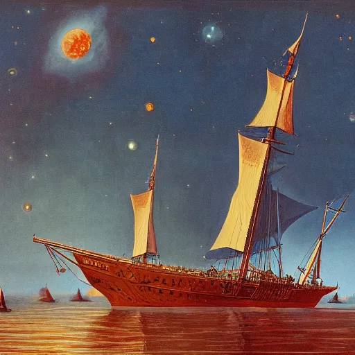 Prompt: A majestic barque ship of polished hardwood and gleaming brass navigates the eddies of wildspace, traveling through the phlogiston's invisible currents to any conceivable universe. sailing ship in space. fantasy digital matte painting by Jeff Easley, Vincent Di Fate, and Winslow Homer. NASA deep space photography HD.