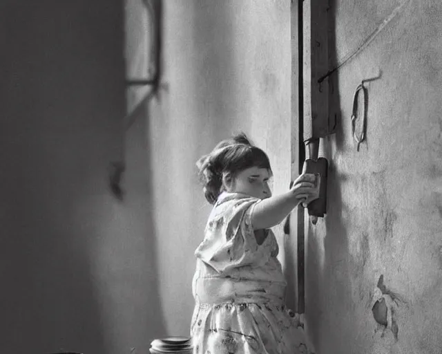 Image similar to very stylized old photo portrait of a fat sweet little girl painting a house on the wall, full body. long shot. beautiful hands, flowery cloth. subsurface scattering shiny skin. beautiful lighting, 4 k post - processing, trending in art station, cg society, highly detailed, 5 k extremely detailed, 3 d. cinematic scene. sharp details. bokeh