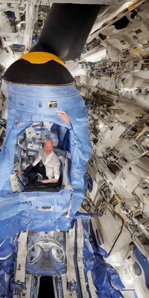 Image similar to jeff bezos sitting inside of a blue origin rocket that's parachute has failed, hyper realistic, sony 5 0 mm lens