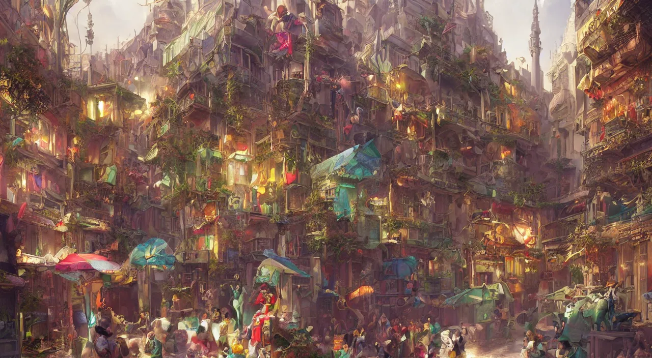 Image similar to bazaar zouk oriantal place mosquet multicolorful sky shine matte painting, street art, trending on artstation, by huang guangjian and gil elvgren and sachin teng