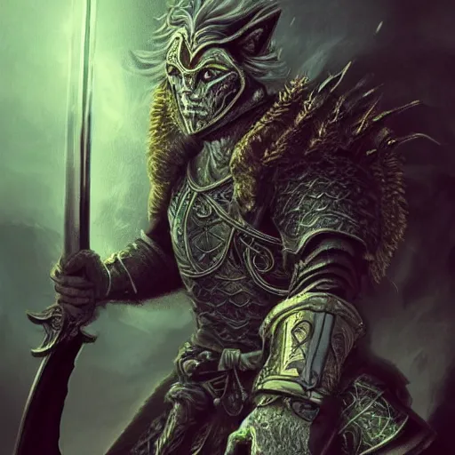 Image similar to a stunning illustration of a noble and fierce fantasy warrior, with glowing eyes, smoke out of eyes, with sword held high, intricate, highly detailed, concept art, smooth, sharp focus, atmospheric, cinematic