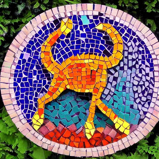 Image similar to mosaic sculpture of a alebrije chimera!!!, irregularly shaped mosaic tiles, in the style of folk art, in a cottagecore flower garden