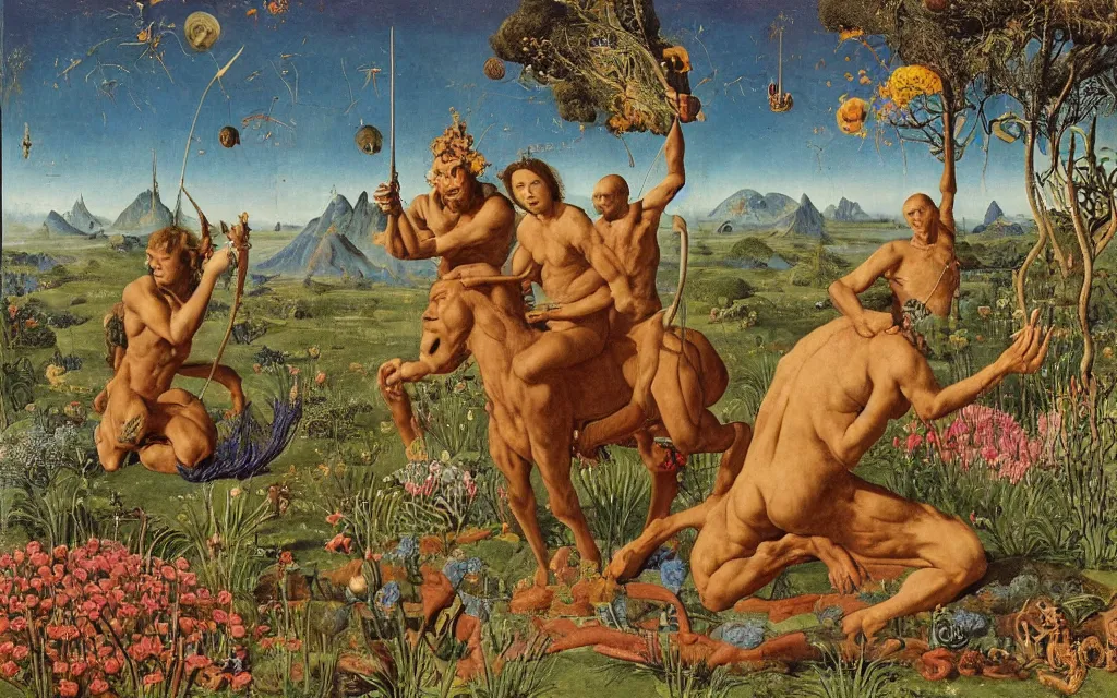 Image similar to a portrait photograph of a meditating satyr and a centaur monk riding a rocket machine and hunting at a river delta. surrounded by bulbous flowers and trees. mountain range under a blue sky of fiery stars. by jan van eyck, max ernst, ernst haeckel, ernst fuchs and artgerm, cgsociety, fashion editorial, 8 k