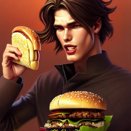 Prompt: Maxmoefoe eating a burger, closeup, D&D style, fantasy, intricate, elegant, highly detailed, digital painting, artstation, concept art, matte, sharp focus, illustration, art by Artgerm and Greg Rutkowski and Alphonse Mucha