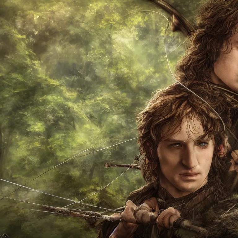 Prompt: handsome elvish archer, stream, clouds, grass, forest, trees, facing the woods, lord of the rings style, fantasy, poster, character portrait, portrait, close up, concept art, intricate details, highly detailed, full body, 8 k, detailed face, body