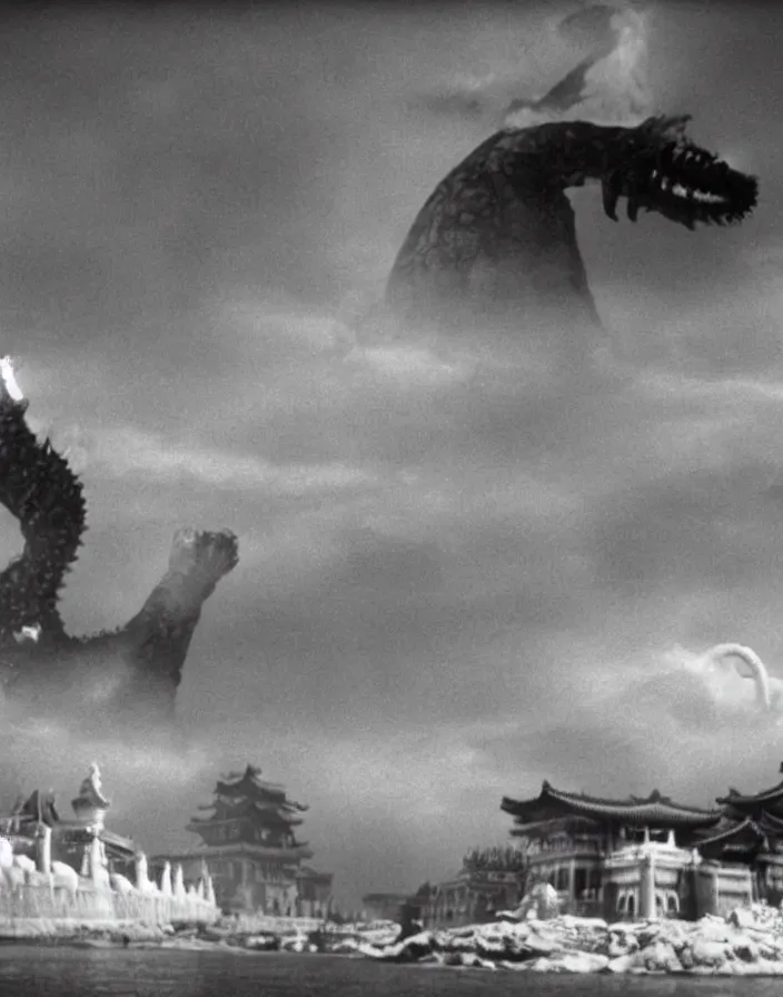 Image similar to a filmstill of a north korean monster movie, kaiju - eiga monster with starfish - arms trampling a traditional korean palace, foggy, film noir, epic battle, etheral, explosions, communist propaganda, communist epic thriller produced by kim jong - il, cinematography by akira kurosawa and tim burton, video compression