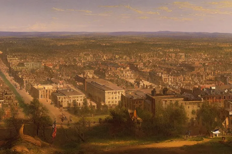 Prompt: birds eye view of a small but busy downtown midwestern town, 1 8 0 0 s, rule of thirds, matte painting, highly detailed, cinematic lighting, by albert bierstadt, frederic edwin church