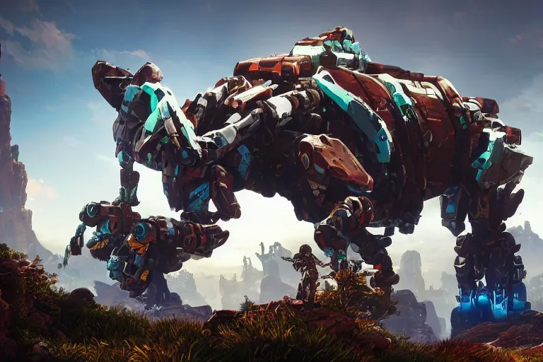 Image similar to rockbreaker machine mecha animal beast robot of horizon forbidden west horizon zero dawn bioluminiscence global illumination ray tracing hdr fanart arstation by sung choi and eric pfeiffer and gabriel garza and casper konefal