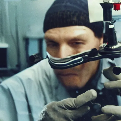 Prompt: filmic extreme close up shot movie still 4 k uhd interior 3 5 mm film color photograph of a scientist attacking a camouflaged solder in a lab in antarctica by grabbing him with his claw