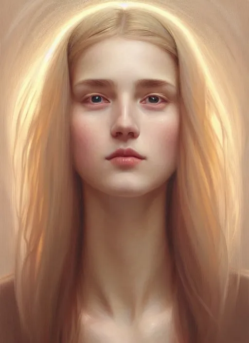 Image similar to beautiful symmetrical face, portrait of young woman blessed with ever - increasing physical and mental perfection, realism, blonde hair, perfect face!! intricate, elegant, highly detailed, vision of holy perfection!! smile, digital painting, artstation, concept art, smooth, sharp focus, illustration, humanity, art by artgerm and greg rutkowski and alphonse mucha