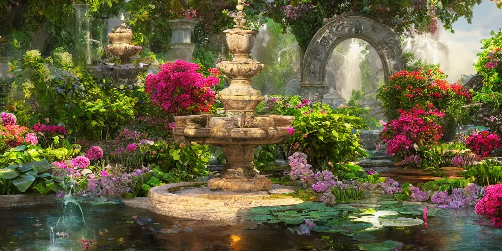 Prompt: an insanely intricate detailed beautifull oil painting of a garden with fountain, unreal engine, octane render, redshift, 8 k resolution, colorfull, intense colors, intricate reflexions, soft harmonic lighting, cinematic, subsurface scattering, anti aliashing,