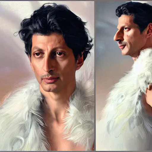 Image similar to hyperrealistic portrait of a man as jeff goldblum touching neck noir white swan dress wearing sapphire jewellery with long feather collar by jeremy mann and alphonse mucha, fantasy art, photo realistic, dynamic lighting, artstation, poster, volumetric lighting, very detailed faces, 4 k, award winning