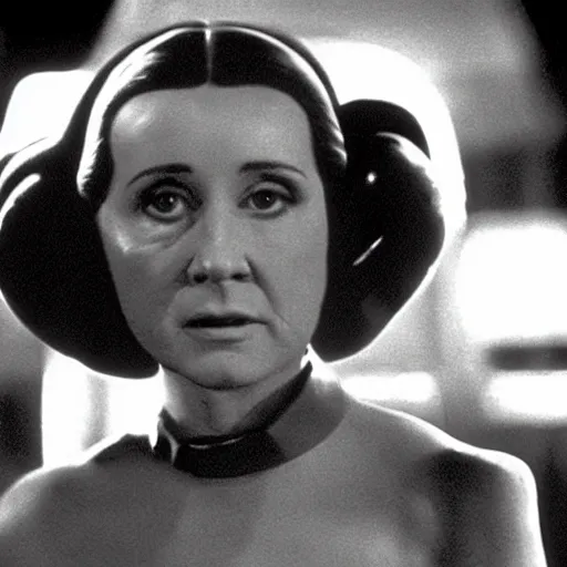 Image similar to still from old 40\'s movie Start Wars (1982) actress playing Princess Leia