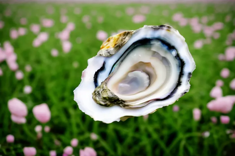 Image similar to a romantic dlsr photoportrait of an oyster in the field of flowers. pastel colors, blurred background. sharp focus on the oyster, 5 0 mm lens, professional light