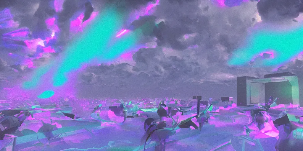 Image similar to vaporwave light show while female rappers performs on stage, storm clouds, volumetric lighting, digital art, vapor wave, hip hop, surreal, trending on Artstation, professional artist, detailed, 4k