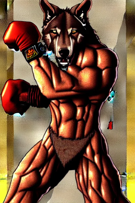 Image similar to extreme long shot. 8 bit nes graphics. antropomorphic muscular masculine wolf. kickboxer fighter, in shorts. wolf head. fine details, very sharp, art from nes game cartridge, marc simonetti and hermann nitsch