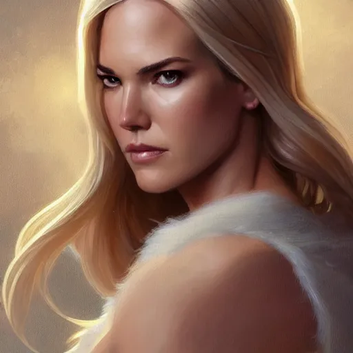 Image similar to Odette Annable with blonde hair as Emma Frost, western, D&D, fantasy, intricate, elegant, highly detailed, digital painting, artstation, concept art, matte, sharp focus, illustration, art by Artgerm and Greg Rutkowski and Alphonse Mucha