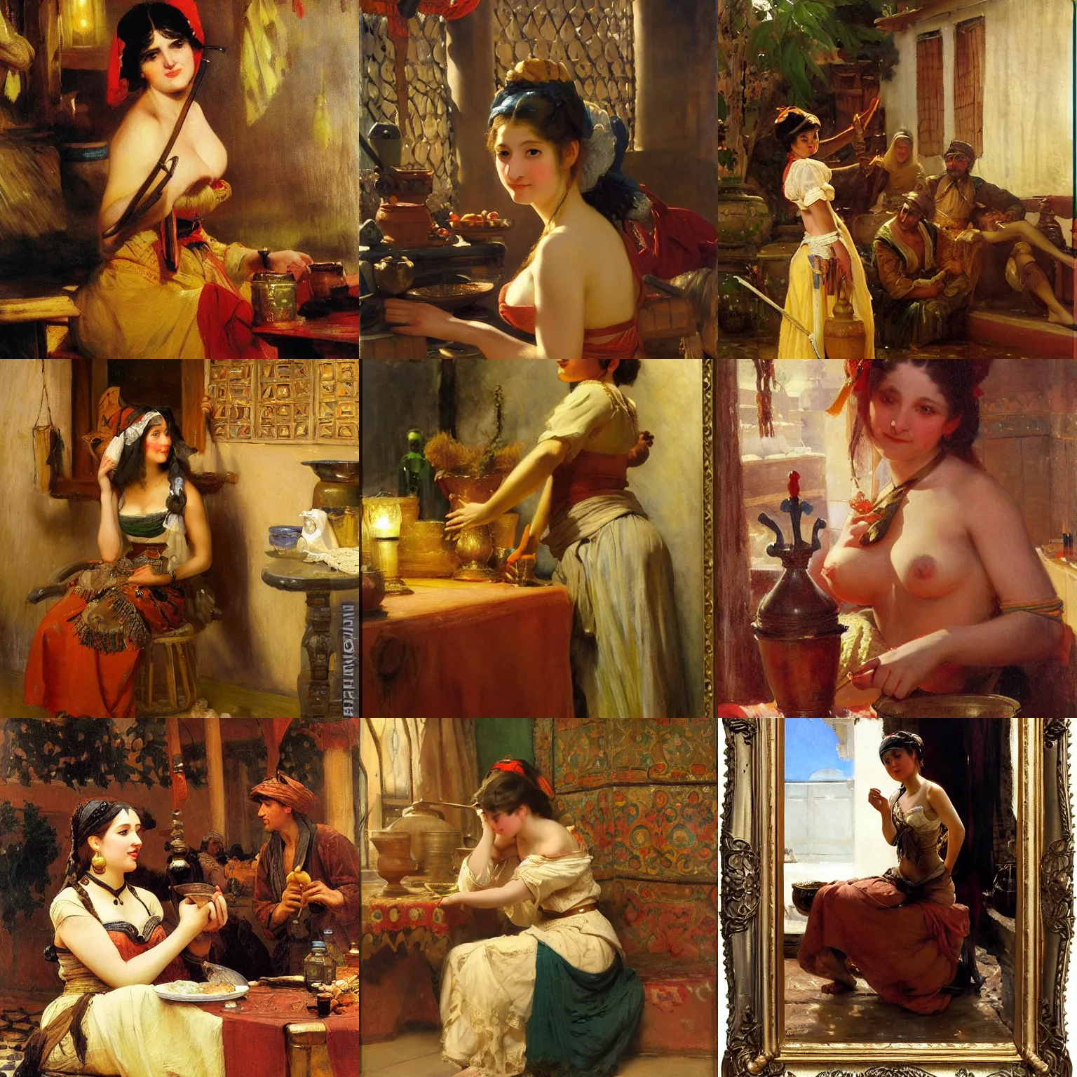 Prompt: orientalism painting of a flirty tavern wench by theodore ralli and nasreddine dinet and anders zorn and nikolay makovsky and edwin longsden long, bronze age, sword and sorcery, oil on canvas, masterful intricate artwork, excellent lighting, high detail 8 k