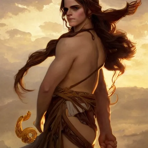 Prompt: emma watson as a Greek god, gorgeous, amazing, muscular, fit, very muscular male body, intricate, highly detailed, digital painting, artstation, concept art, sharp focus, illustration, art by greg rutkowski and alphonse mucha