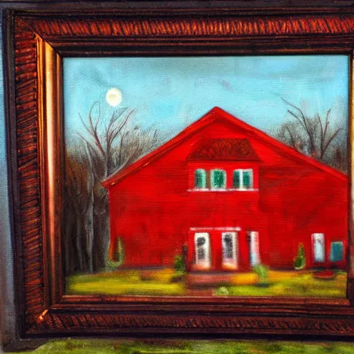 Prompt: a haunting painting in a bright red frame