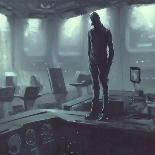 Image similar to concept art by greg rutkowski, a very tall, and slender man with short black hair, sitting with the crew in the ship's flight deck, brutalist futuristic interior, dark lighting atmosphere, detailed portraits, nostalgic atmosphere, scifi, digital painting, artstation, concept art, smooth, sharp foccus ilustration, artstation hq