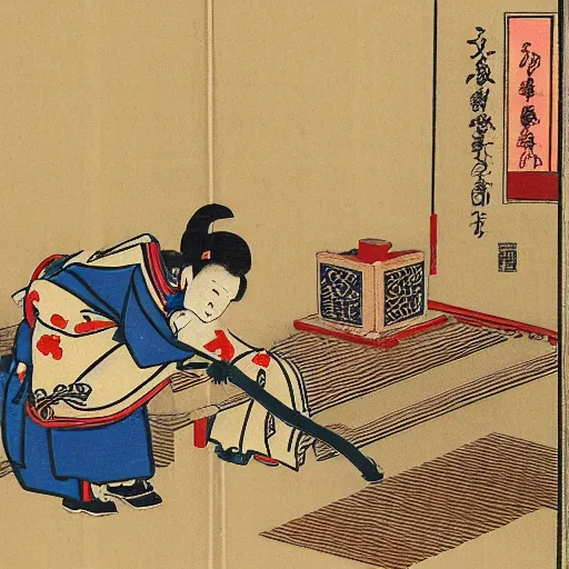 Image similar to japanese woodblock print of a vacuum cleaner