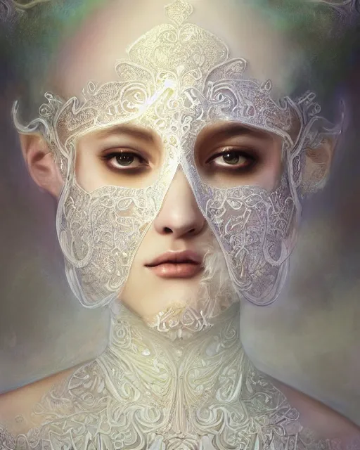 Image similar to beautiful ethereal maiden in a ivory masquerade mask intricate ornate fractal-lace and gemstones, wearing stunning ivory dress, subdued pastel color palette, full view, soft lighting, vivid, Hyperdetailed, 4k hd matte painting by Artgerm, Greg Rutkowski, Klimt, James Jean, 8k resolution, enchanting and otherworldly, Artstation, CGsociety, detailed, front view