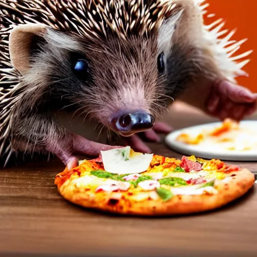 Image similar to still image of an adorable hedgehog sitting at a tiny table eating a tiny pizza, photo