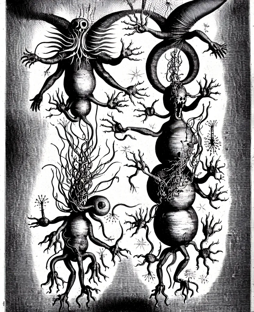 Image similar to whimsical freaky creature sings a unique canto about'as above so below'being ignited by the spirit of haeckel and robert fludd, breakthrough is iminent, glory be to the magic within