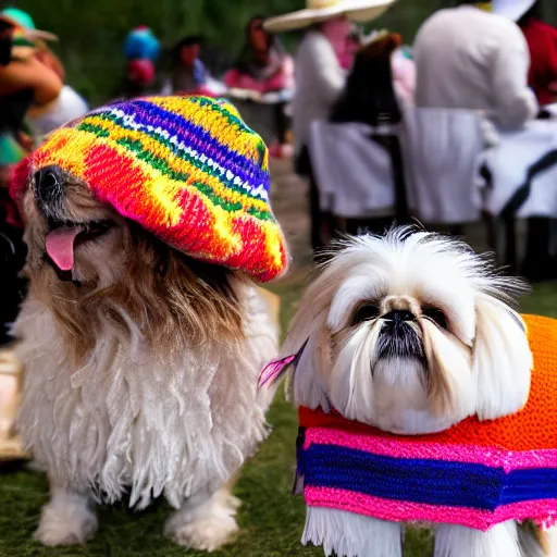 Prompt: a cream-colored Havanese and shih tzu wearing a knitted cinco de mayo ponchos and knitted hats at a fiesta in Mexico, Leica 35mm, 4K