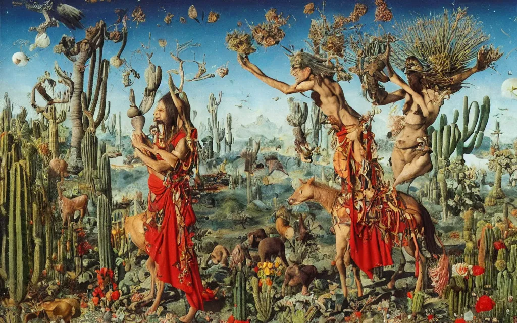 Image similar to photograph of a meditating centaur shaman and a striped werewolf feeding animals. surrounded by bulbous flowers, cacti, animals and a few trees. river delta with cliffs under a blue sky of burning stars. painted by jan van eyck, max ernst, ernst haeckel, ernst fuchs and artgerm. trending on artstation, trending on cgsociety