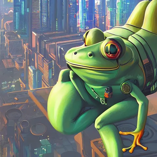 Prompt: frog in spacesuit looking over cyberpunk city, highly detailed, vector art, art by jesper ejsing, by rhads, makoto shinkai and lois van baarle, ilya kuvshinov, rossdraws
