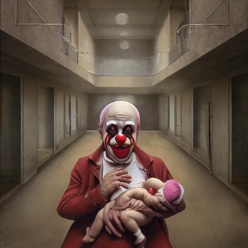 Image similar to a clown holding a baby inside an abandoned hospital, wayne barlowe, symmetrical, surreal, magic surrealism, very coherent symmetrical artwork, cinematic, hyper realism, high detail, octane render, 8 k