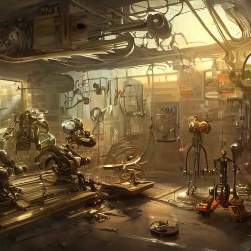 Image similar to he inside of a futuristic mechanic workshop, highly detailed interior, scrap metal on workbenches, half - finished robot, mechanical bugs in a display case, holographic screen in center frame by peter mohrbacher, trending on artstation, cryengine render, 8 k