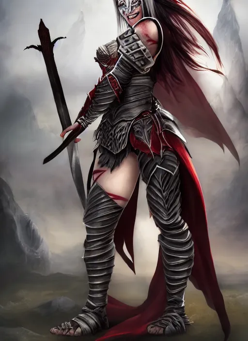 Image similar to female vampire warrior holding a monstrous zweihander, full portrait, smiling, muscular, flying, modest outfit, barefoot, foot wraps, exposed toes, black plate armor, historical armor, realistic armor, metal mask, ghostblade, wlop, east asian fantasy.
