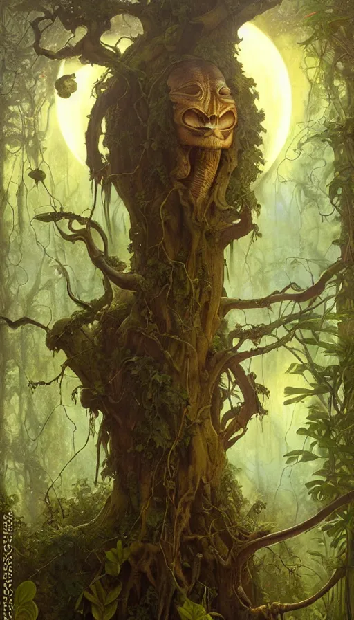 Image similar to hyper realistic alien, lush plants, full moon, light rays, gnarly trees by tom bagshaw, mucha, gaston bussiere, craig mullins, j. c. leyendecker 8 k