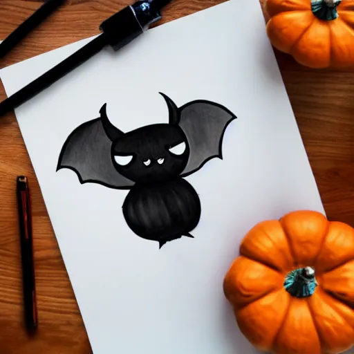 Image similar to drawing of a cute kawaii bat carrying a pumpkin marker on whiteboard